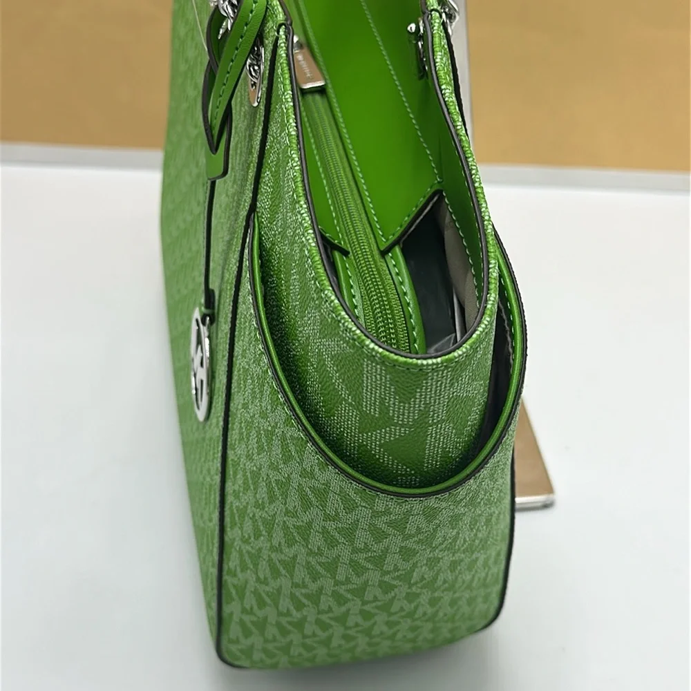 Michael Kors Jet Set Large Signature Logo Chain Shoulder Tote Bag Jungle Green